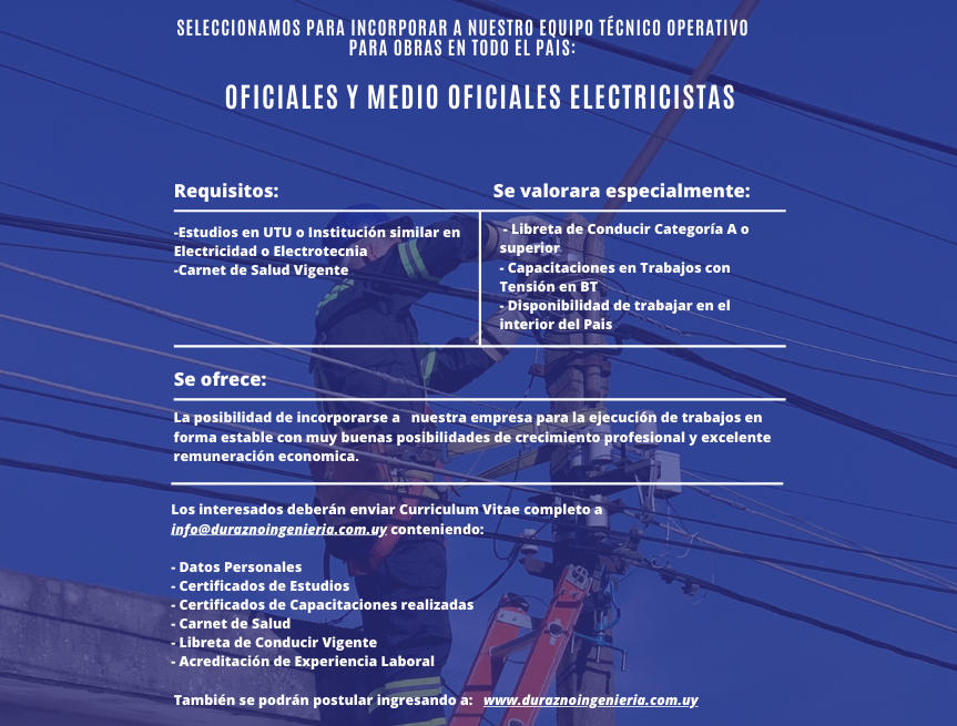 Seleccionamos para incorporar a nuestro equipo técnico operativo para obras en todo el País: