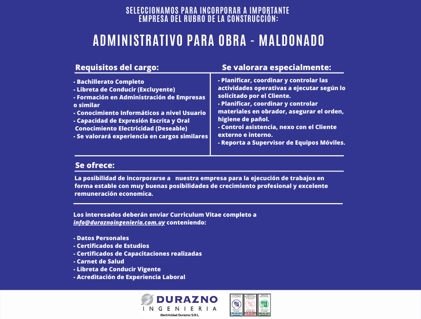Seleccionamos Administrativo para obra - Maldonado