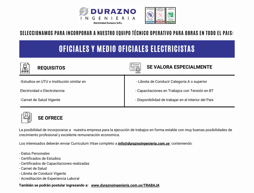 Oportunidad Laboral - Oficial y Medio Oficial Electricista