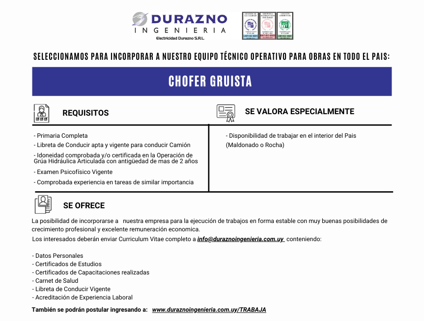Oportunidad Laboral - Chofer Gruista